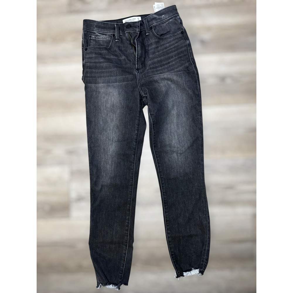Abercrombie Fitch The‎ Super Skinny Ankle Jeans Black Wash Frayed Hem Size 27